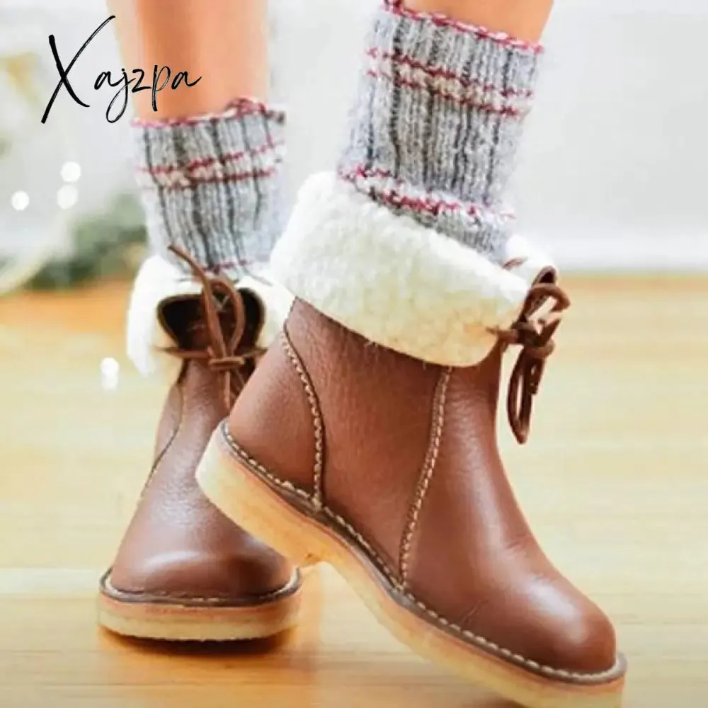 Xajzpa - Womens Red Waterproof Boots Warm Slip on Boots Lace Up Fur Boots Over Ankle Booties Short Snow Boots