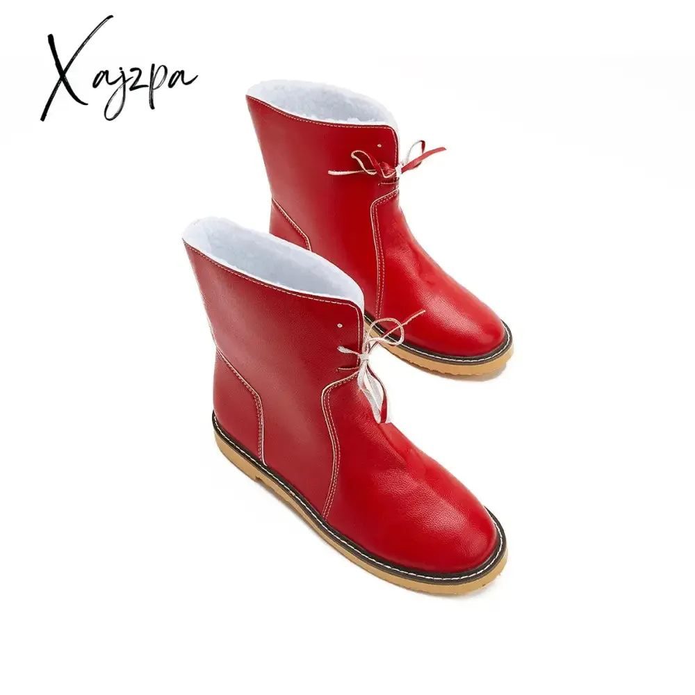 Xajzpa - Womens Red Waterproof Boots Warm Slip on Boots Lace Up Fur Boots Over Ankle Booties Short Snow Boots