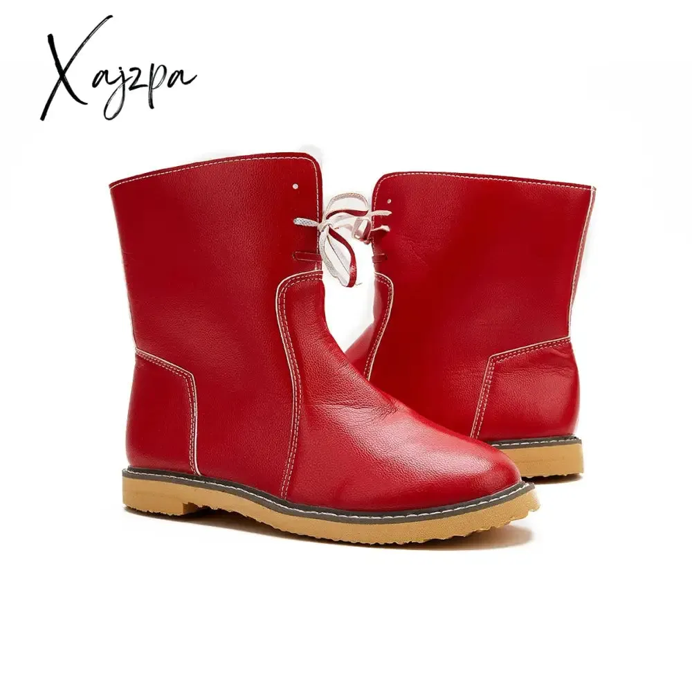 Xajzpa - Womens Red Waterproof Boots Warm Slip on Boots Lace Up Fur Boots Over Ankle Booties Short Snow Boots