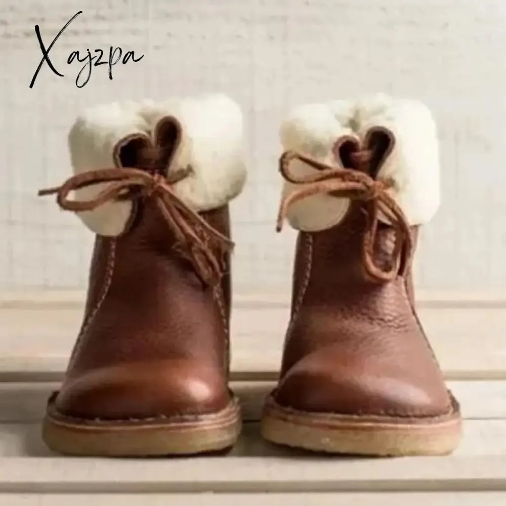 Xajzpa - Womens Red Waterproof Boots Warm Slip on Boots Lace Up Fur Boots Over Ankle Booties Short Snow Boots