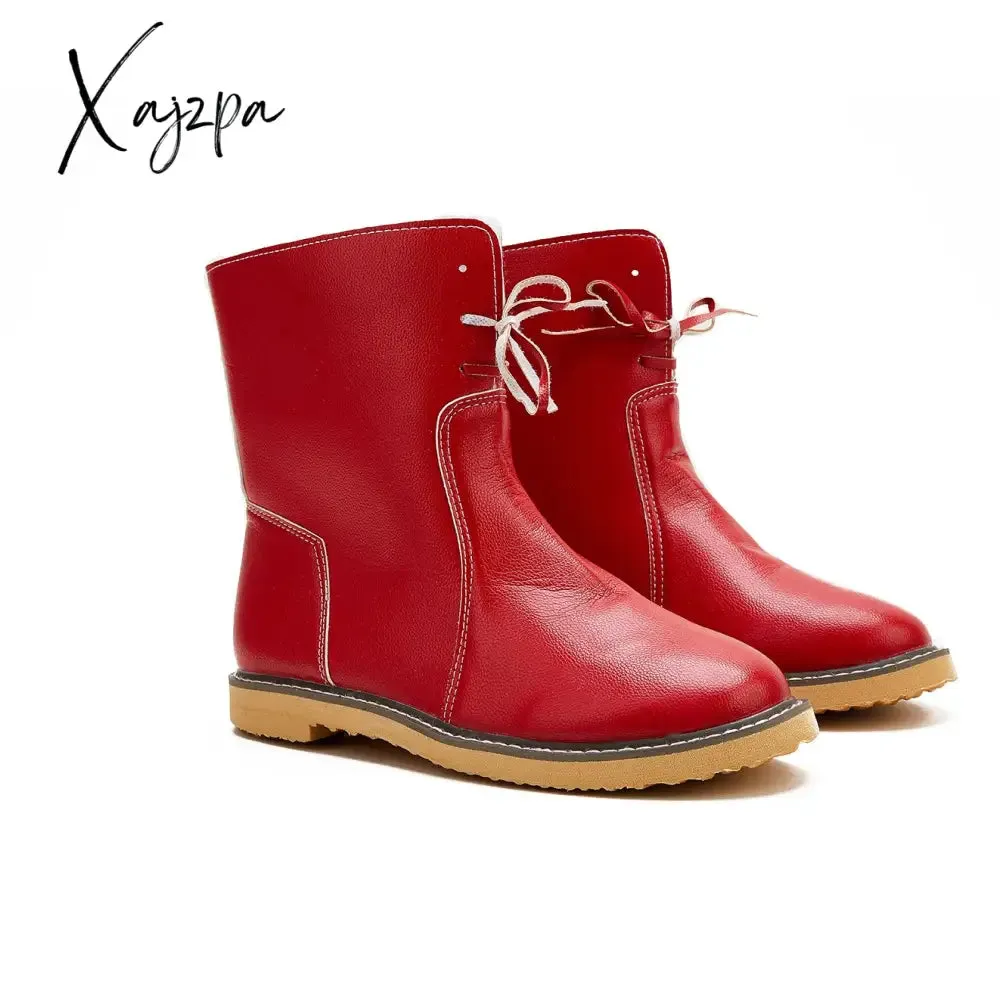 Xajzpa - Womens Red Waterproof Boots Warm Slip on Boots Lace Up Fur Boots Over Ankle Booties Short Snow Boots