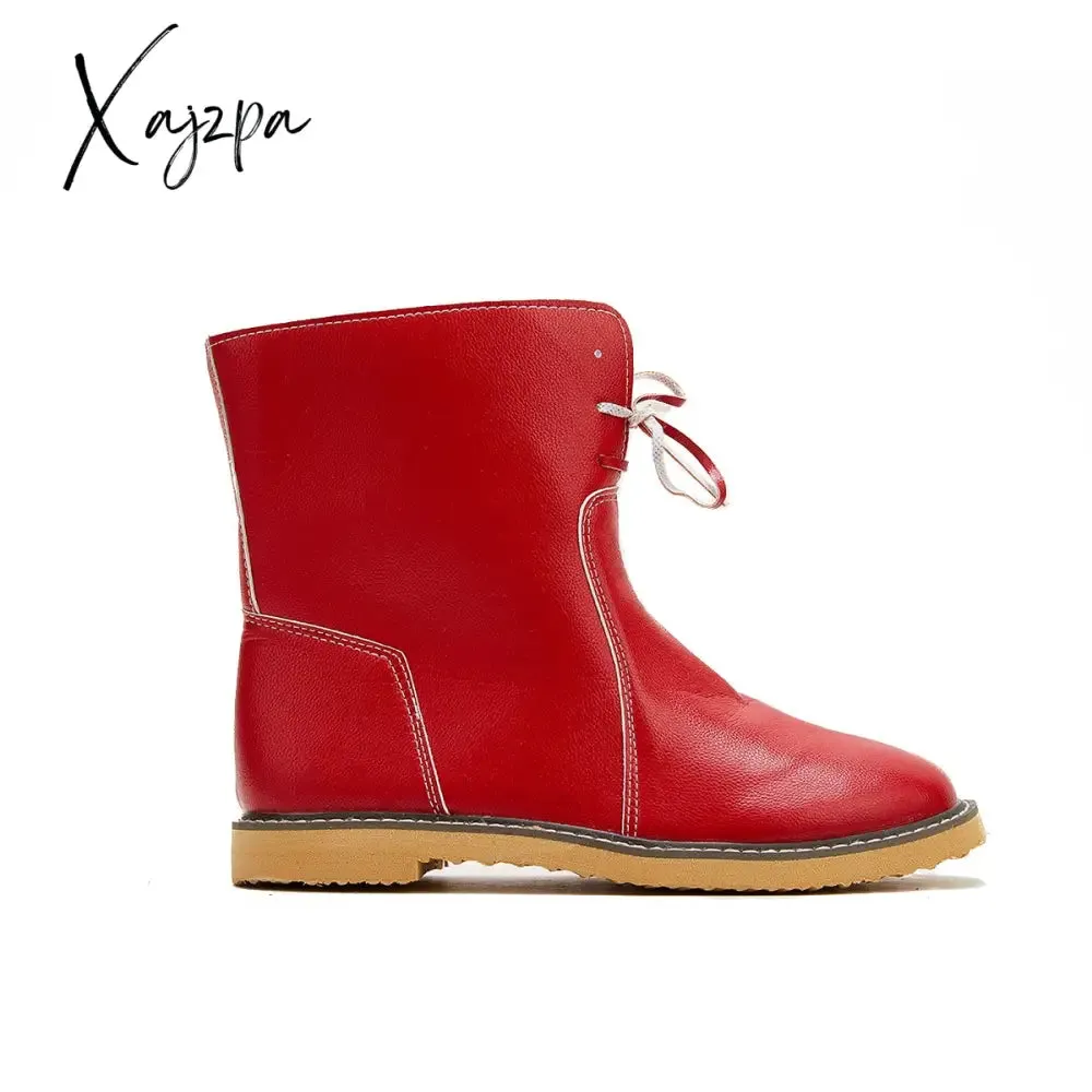 Xajzpa - Womens Red Waterproof Boots Warm Slip on Boots Lace Up Fur Boots Over Ankle Booties Short Snow Boots